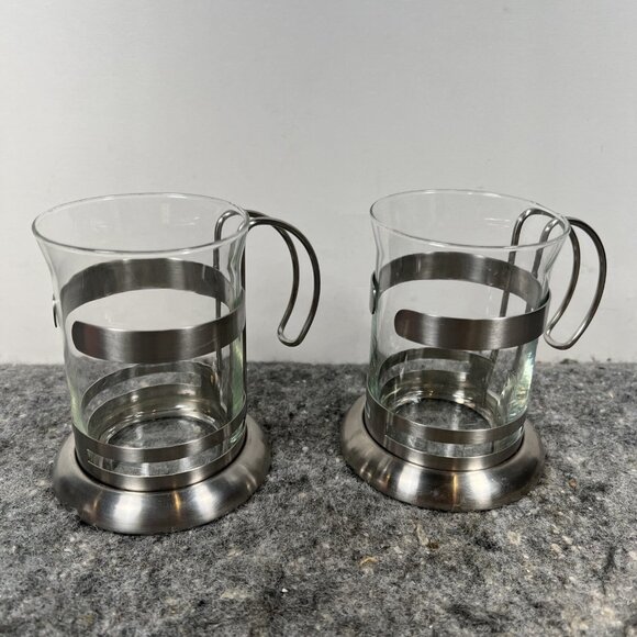 French Press Coffee Cup Set of 2 Glass Stainless Steel VTG Unmarked Pyrex - Picture 3 of 11